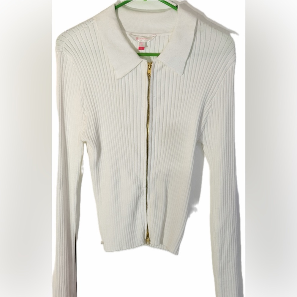 No Boundaries Sweater Top Jr..Size XXL /19 White Ribbed Zip-Up Collared Stretch - Picture 3 of 5